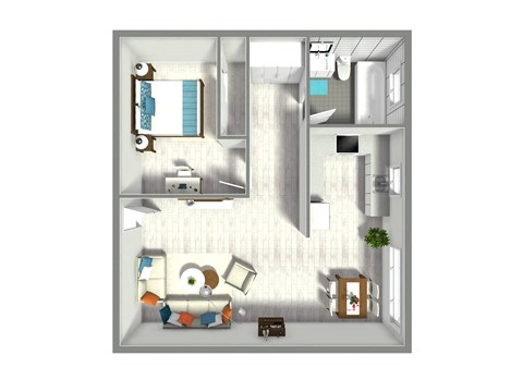 a stylized floor plan of a bedroom with a bathroom and living room